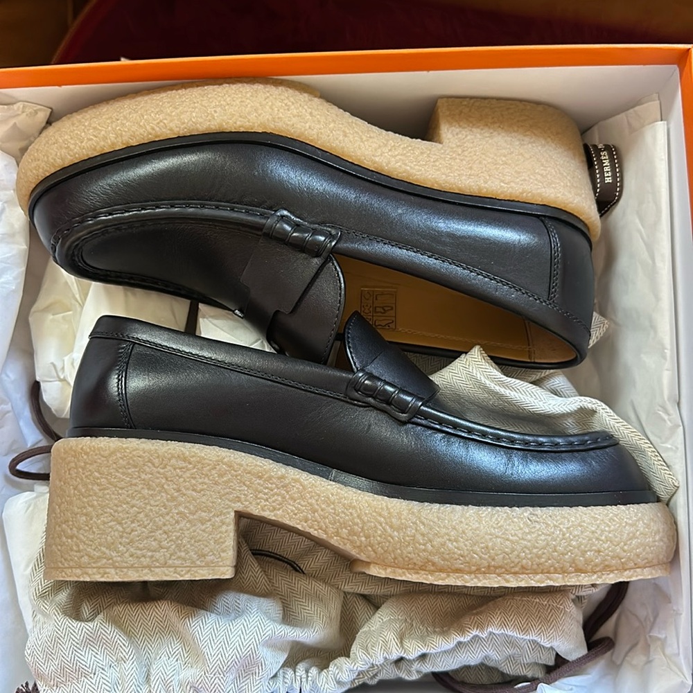 Hermes Fanny H Platform Loafers Noir Leather Womens EU 38 US 9 NIB